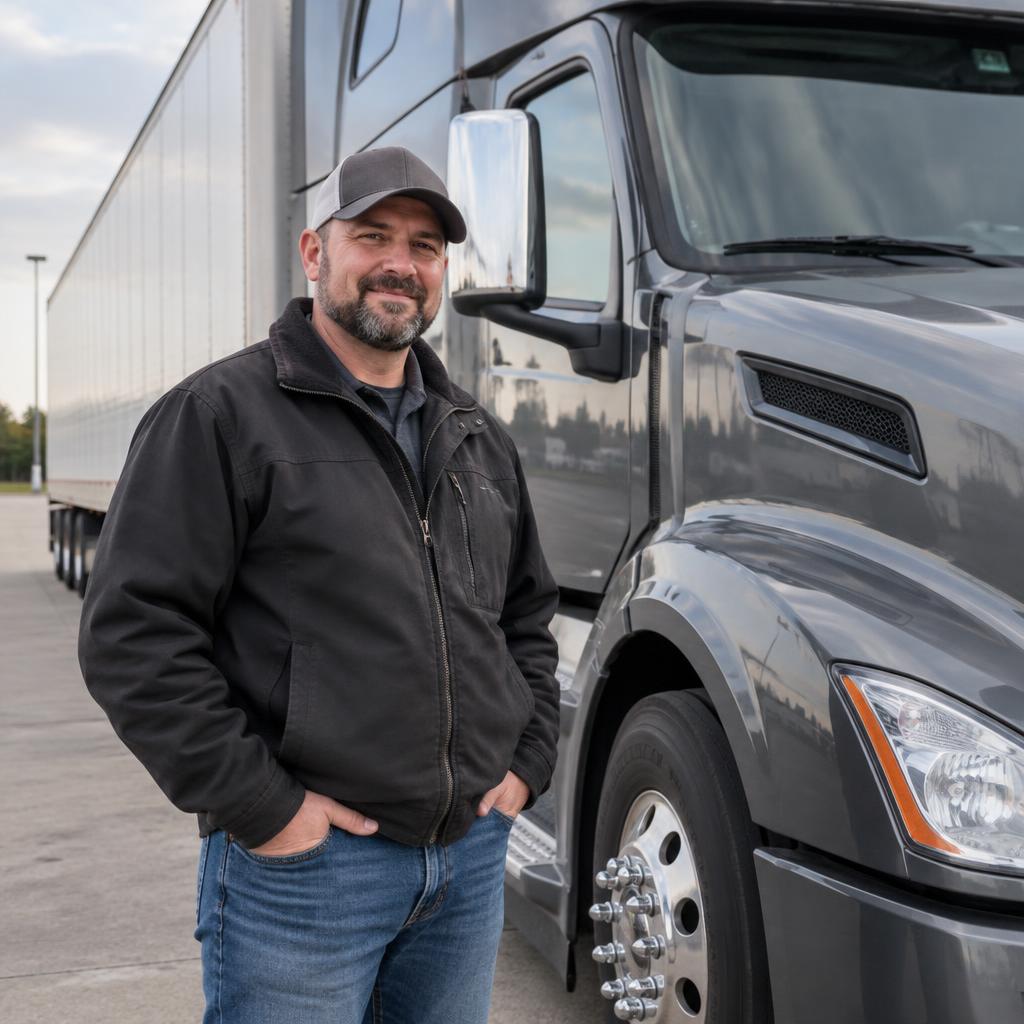 Truck driver standing alongside a semi-truck and freight trailer